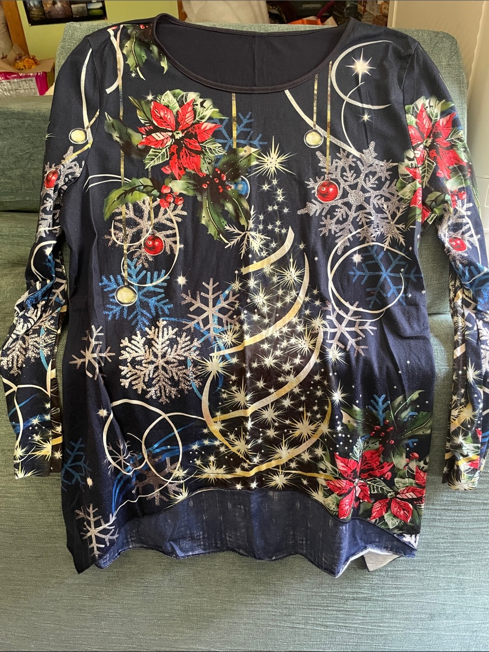 Festive Dark Blue Poinsettia & Snowflake Tunic Top